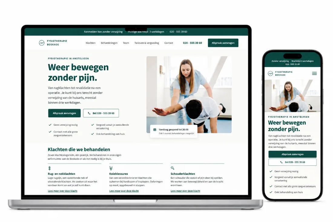 Website Fysiotherapie Boskade op laptop en telefoon: rustige groene zorgsite met behandelfoto en klachtoverzicht