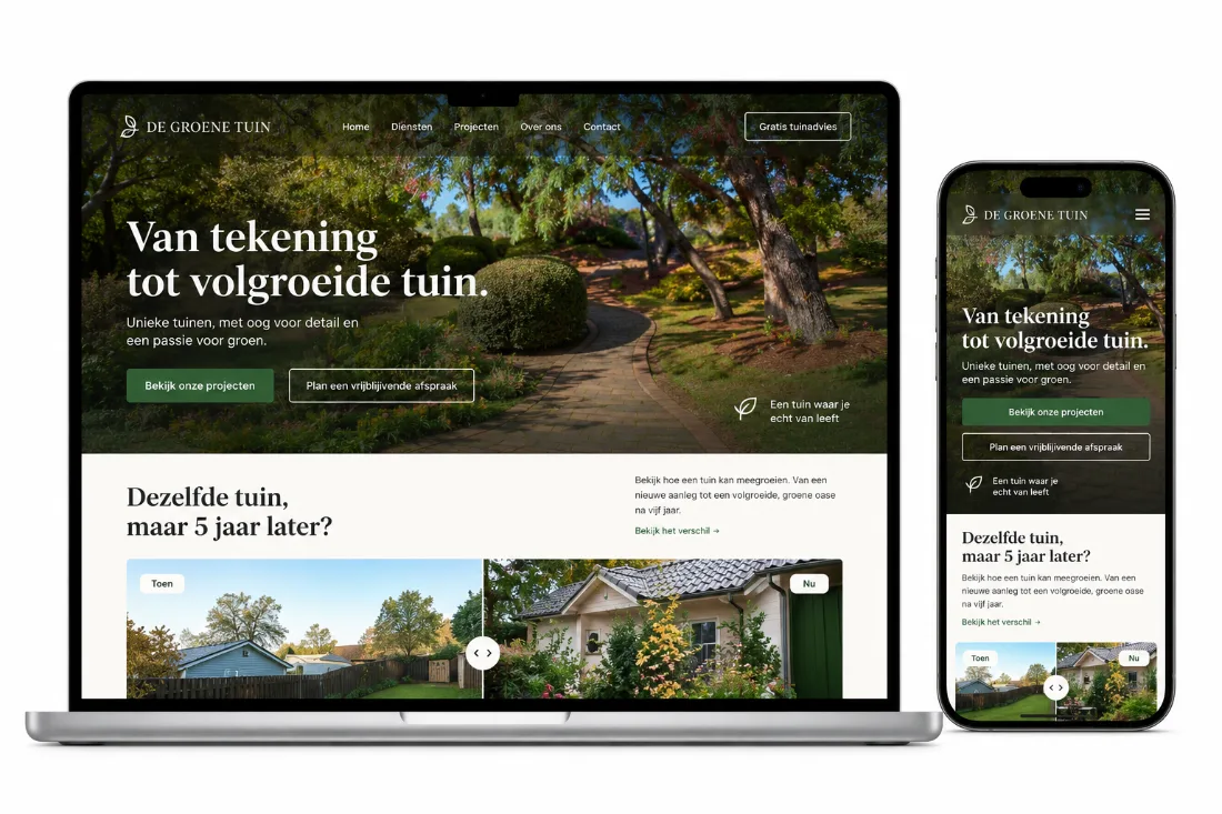 Website Hoveniersbedrijf Larix op laptop en telefoon: beeldgedreven hoveniersite met tuinfoto en een voor-en-na vergelijking